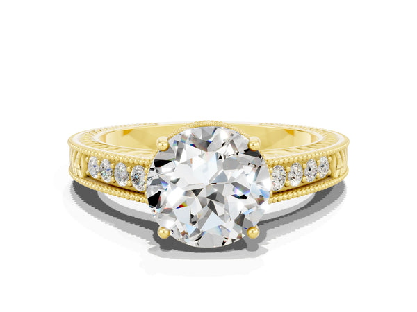 Yellow gold Round Cut Moissanite Ring with Milgrain Pavé Band and Four-Prong Setting
