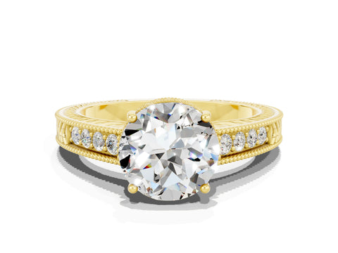 Yellow gold Round Cut Moissanite Ring with Milgrain Pavé Band and Four-Prong Setting_12