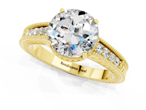 Yellow gold Round Cut Moissanite Ring with Milgrain Pavé Band and Four-Prong Setting_13