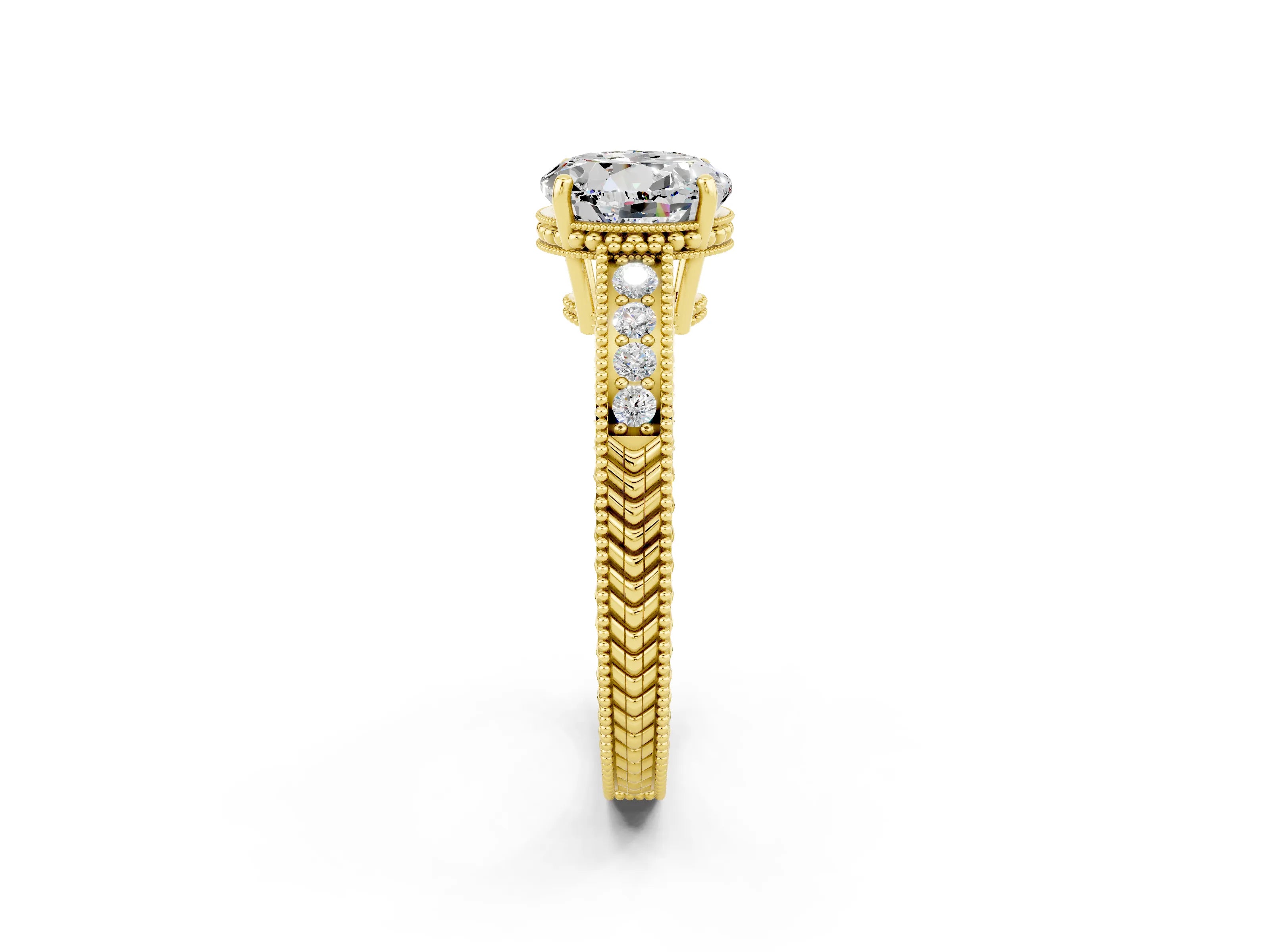 Yellow gold Round Cut Moissanite Ring with Milgrain Pavé Band and Four-Prong Setting_14