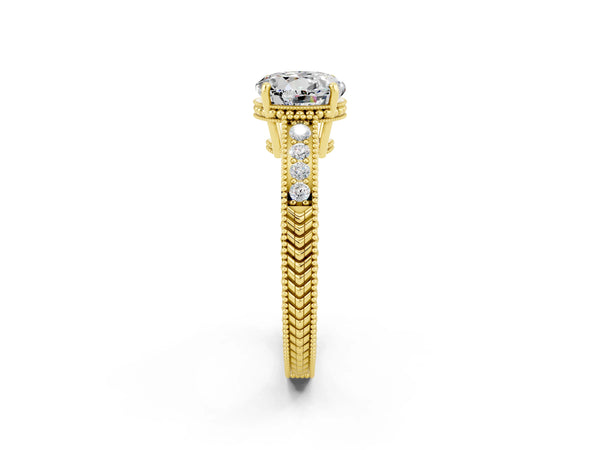 Yellow gold Round Cut Moissanite Ring with Milgrain Pavé Band and Four-Prong Setting
