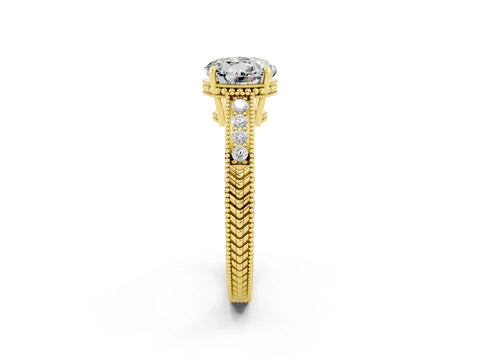 Yellow gold Round Cut Moissanite Ring with Milgrain Pavé Band and Four-Prong Setting_14