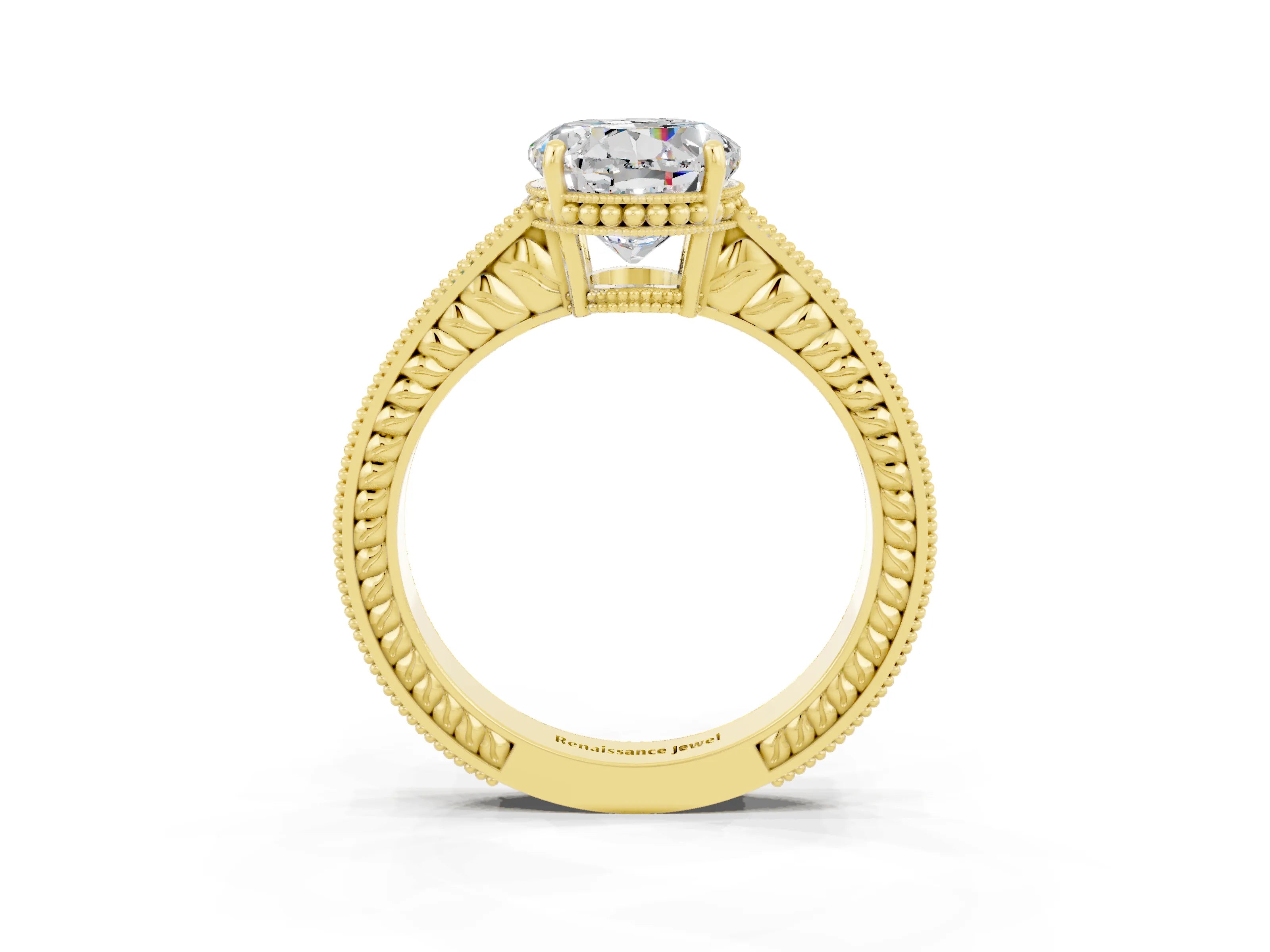 Yellow gold Round Cut Moissanite Ring with Milgrain Pavé Band and Four-Prong Setting_15