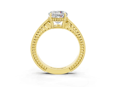 Yellow gold Round Cut Moissanite Ring with Milgrain Pavé Band and Four-Prong Setting_15