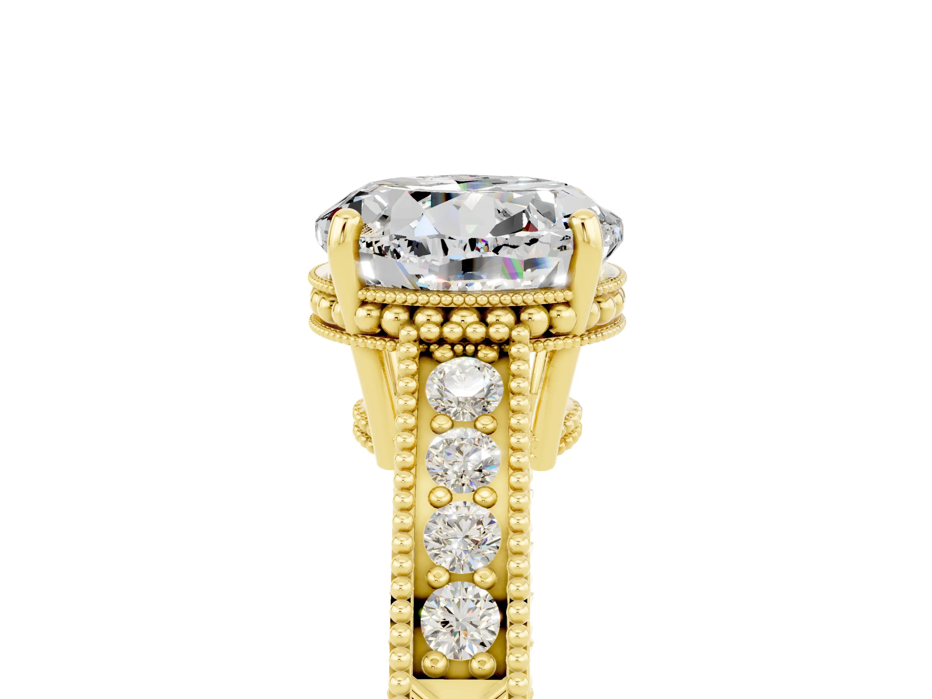 Yellow gold Round Cut Moissanite Ring with Milgrain Pavé Band and Four-Prong Setting_17