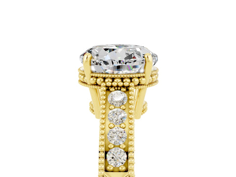 Yellow gold Round Cut Moissanite Ring with Milgrain Pavé Band and Four-Prong Setting_17