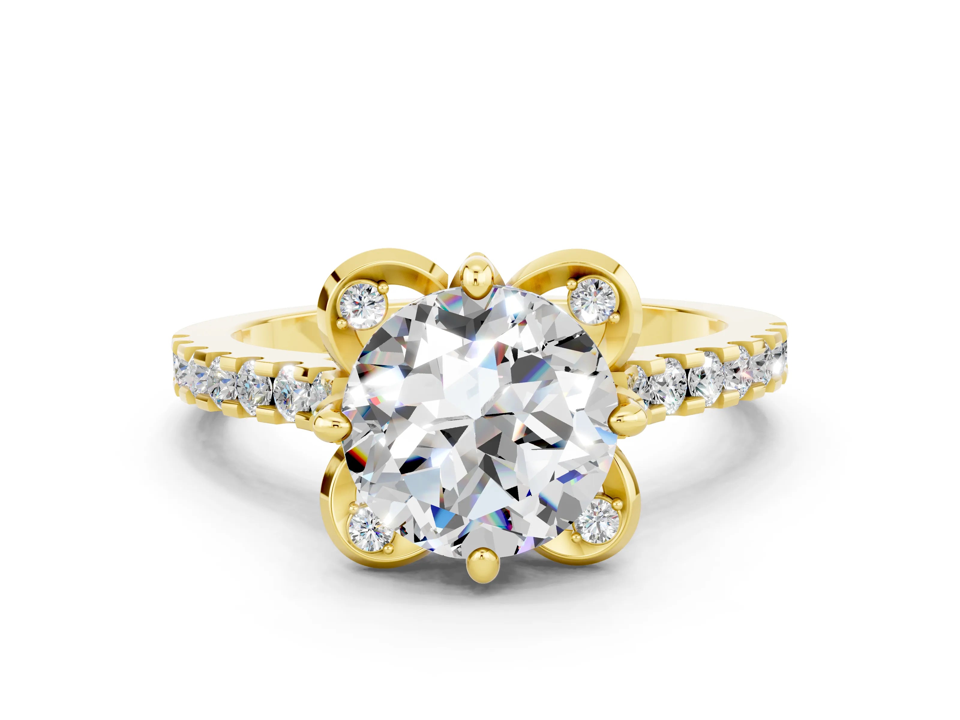 Yellow gold Round Cut Moissanite Ring with Pavé Band and Floral Prong Setting