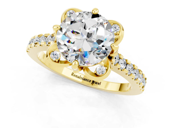Yellow gold Round Cut Moissanite Ring with Pavé Band and Floral Prong Setting