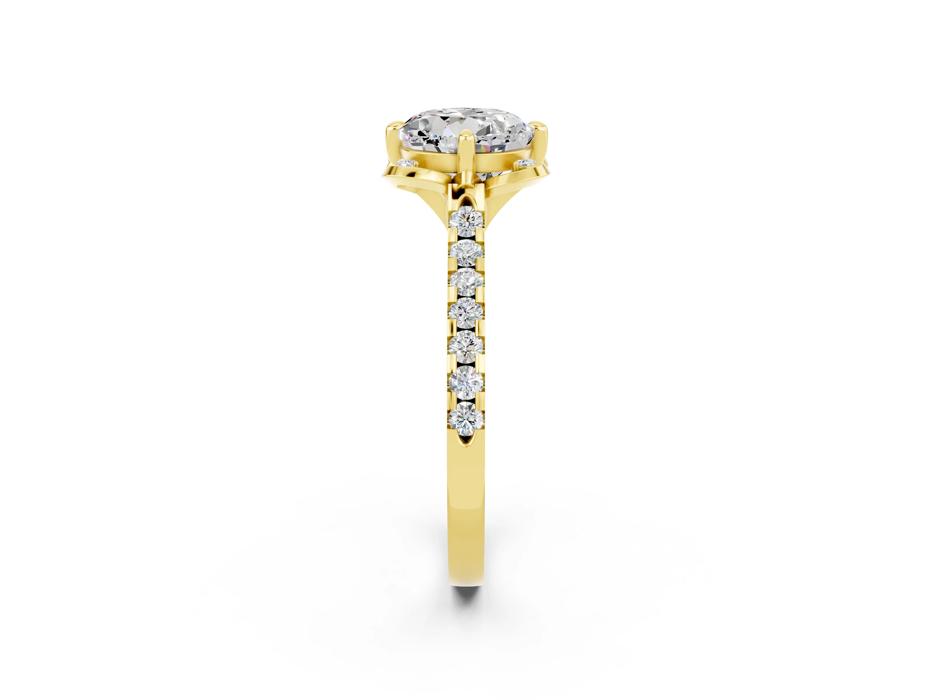 Yellow gold Round Cut Moissanite Ring with Pavé Band and Floral Prong Setting_2