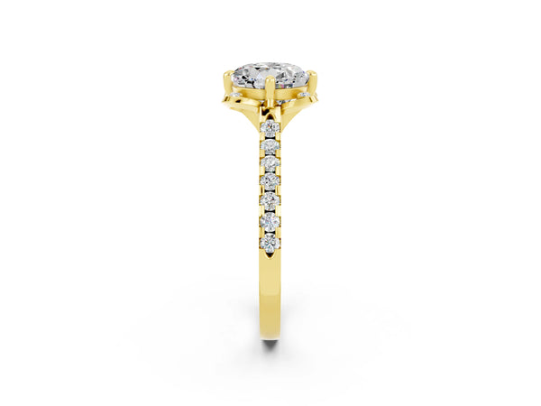 Yellow gold Round Cut Moissanite Ring with Pavé Band and Floral Prong Setting