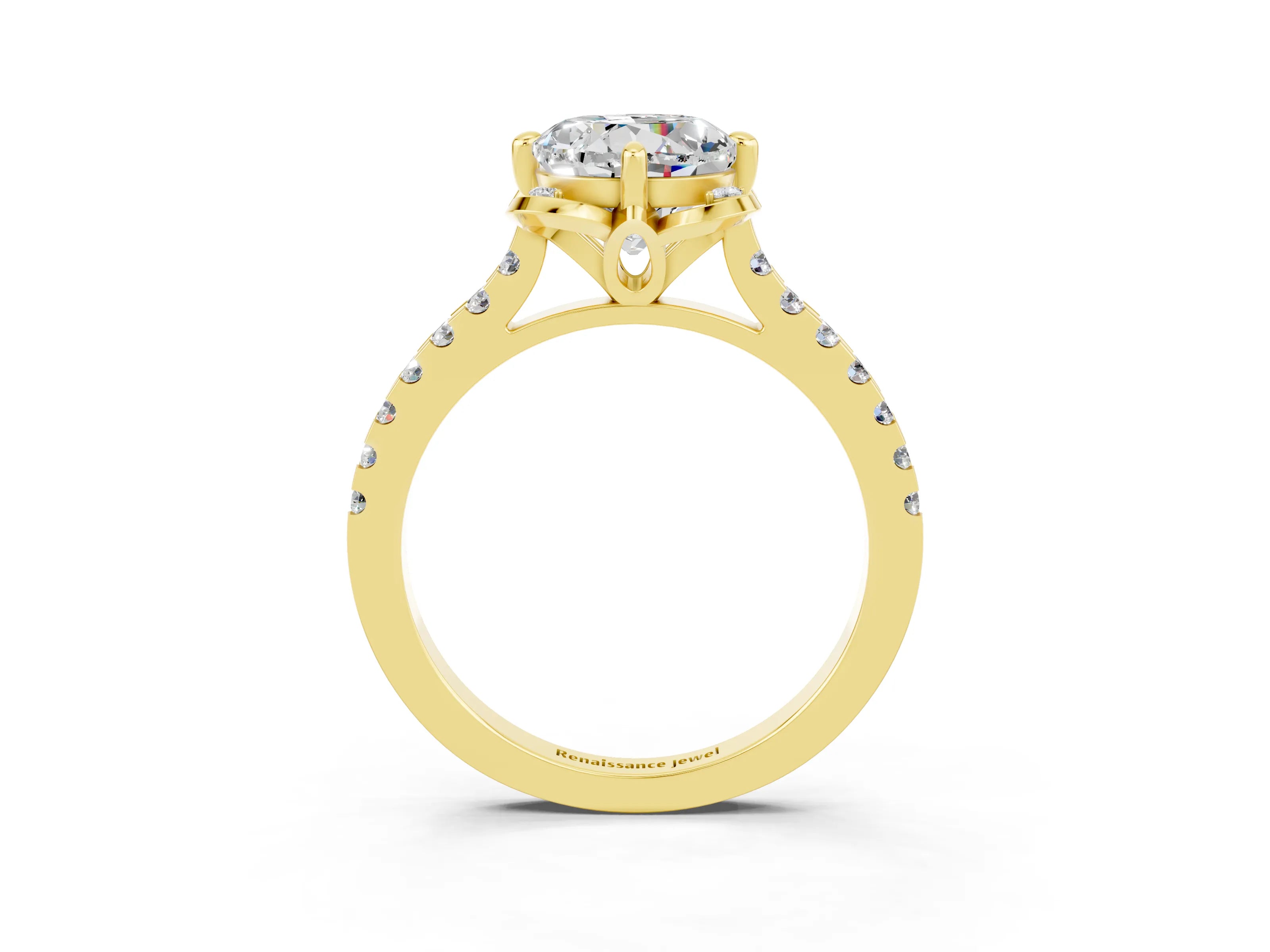 Yellow gold Round Cut Moissanite Ring with Pavé Band and Floral Prong Setting_3