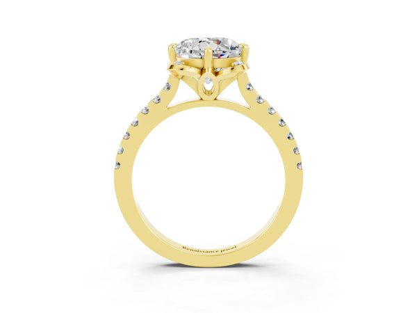 Yellow gold Round Cut Moissanite Ring with Pavé Band and Floral Prong Setting