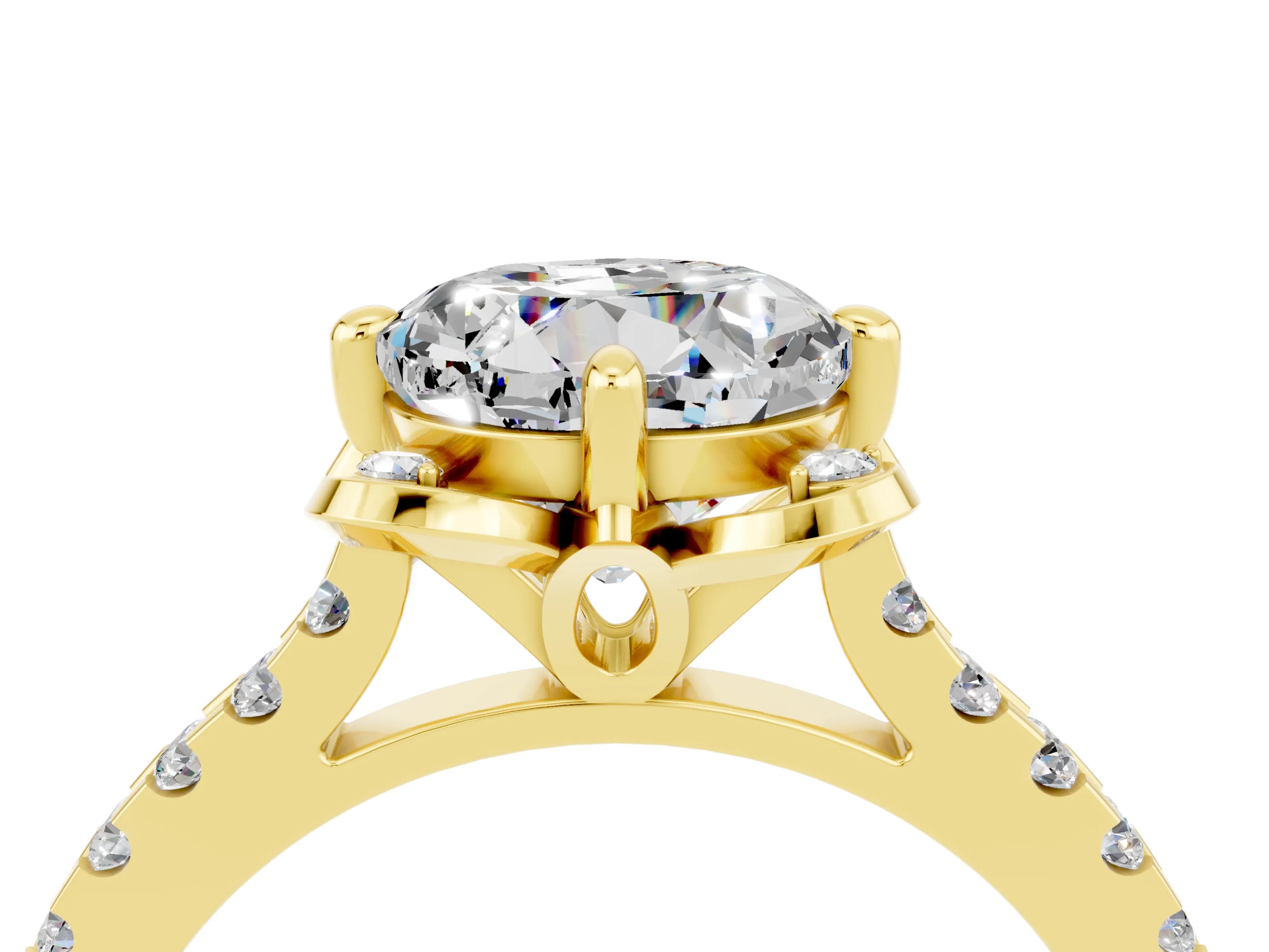 Yellow gold Round Cut Moissanite Ring with Pavé Band and Floral Prong Setting_4