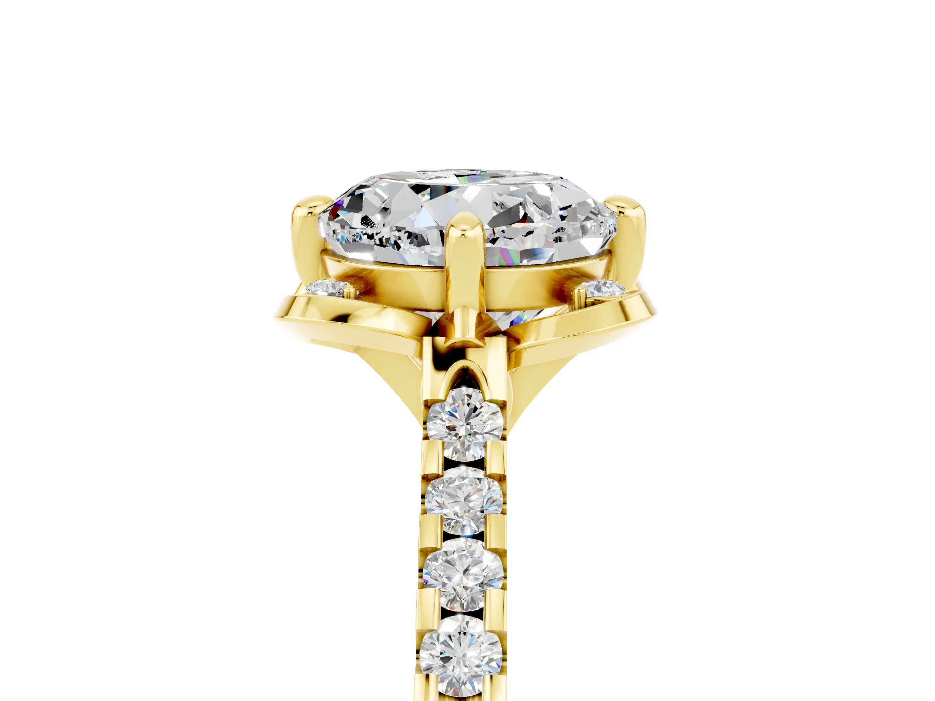 Yellow gold Round Cut Moissanite Ring with Pavé Band and Floral Prong Setting_5