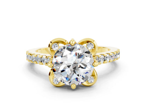 Yellow gold Round Cut Moissanite Ring with Pavé Band and Floral Prong Setting