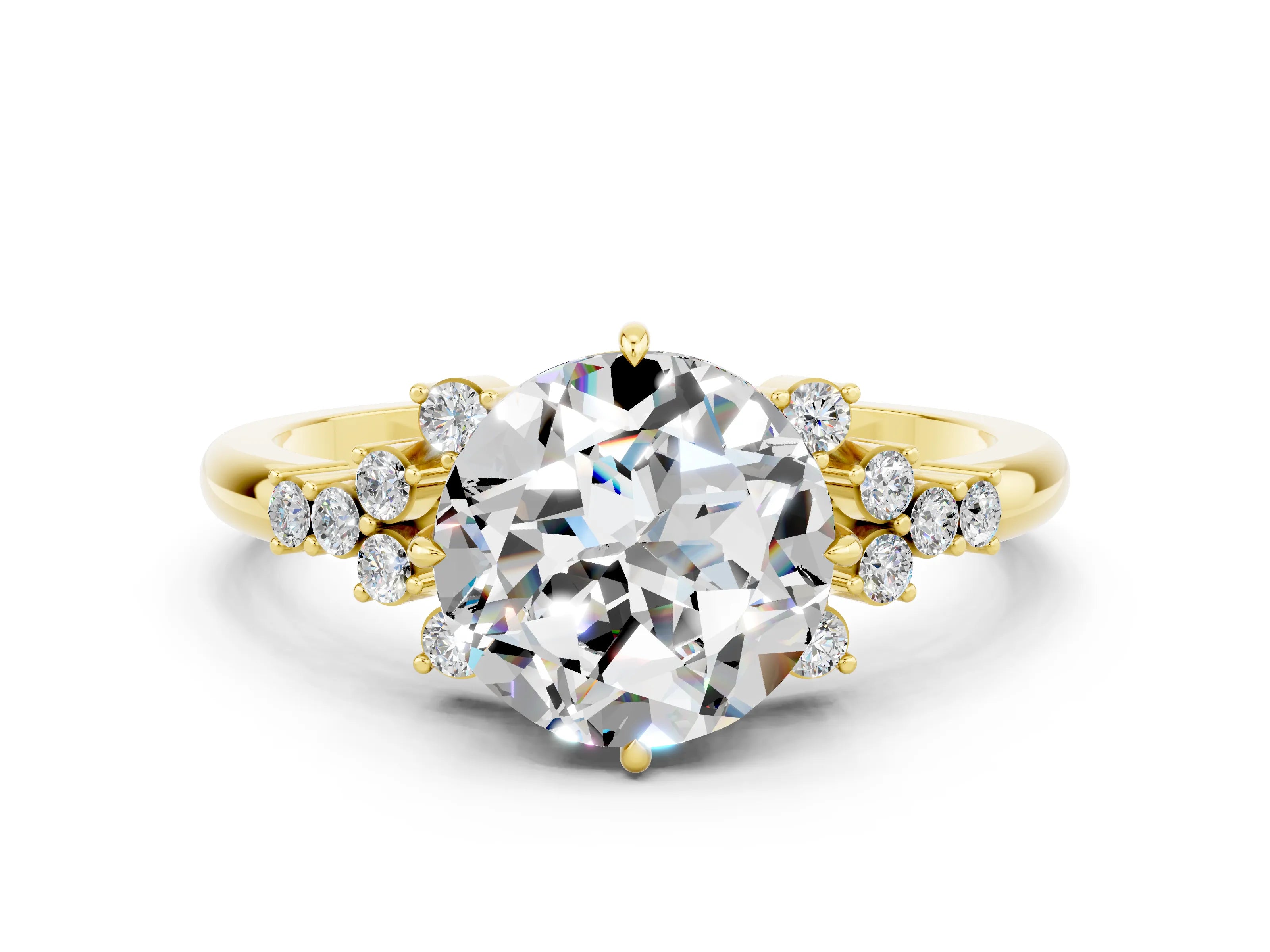 Yellow gold Round Cut Moissanite Ring with Side Stones and Four-Prong Setting_36