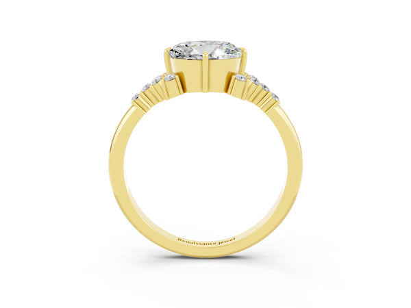 Yellow gold Round Cut Moissanite Ring with Side Stones and Four-Prong Setting