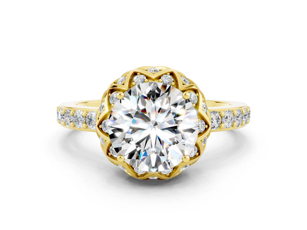 Yellow gold Round Cut Moissanite Scalloped Halo Engagement Ring with Round Shared Prong Band