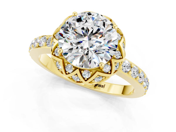 Yellow gold Round Cut Moissanite Scalloped Halo Engagement Ring with Round Shared Prong Band