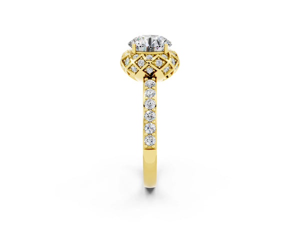 Yellow gold Round Cut Moissanite Scalloped Halo Engagement Ring with Round Shared Prong Band