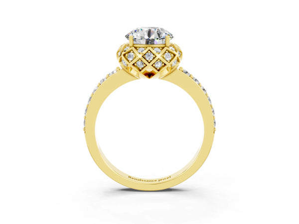 Yellow gold Round Cut Moissanite Scalloped Halo Engagement Ring with Round Shared Prong Band