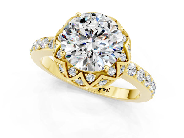 Yellow gold Round Cut Moissanite Scalloped Halo Engagement Ring with Round Shared Prong Band