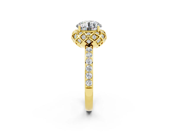 Yellow gold Round Cut Moissanite Scalloped Halo Engagement Ring with Round Shared Prong Band