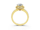 Yellow gold Round Cut Moissanite Scalloped Halo Engagement Ring with Round Shared Prong Band_27
