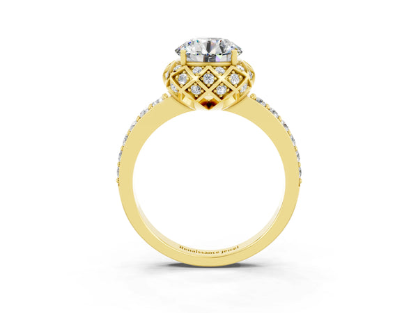 Yellow gold Round Cut Moissanite Scalloped Halo Engagement Ring with Round Shared Prong Band