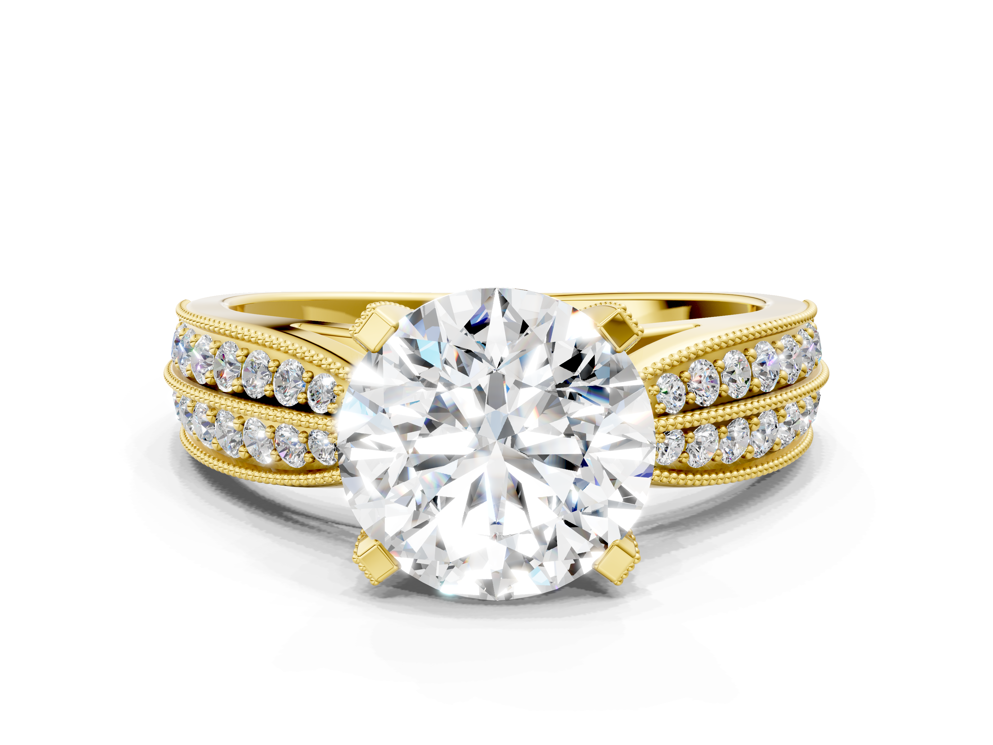Yellow gold Round Cut Moissanite   Solitaire Diamond Ring with Milgrain Pavé Band and Four-Prong Setting_32