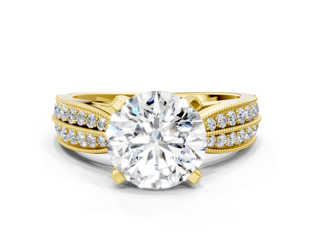 Yellow gold Round Cut Moissanite   Solitaire Diamond Ring with Milgrain Pavé Band and Four-Prong Setting_32