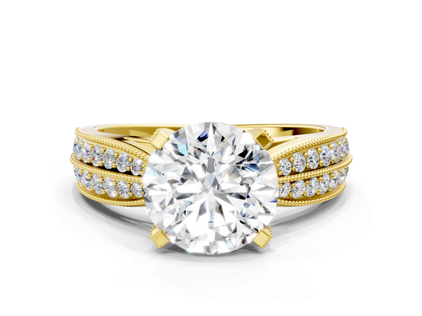 Yellow gold Round Cut Moissanite   Solitaire Diamond Ring with Milgrain Pavé Band and Four-Prong Setting