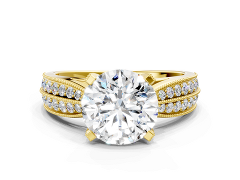 Yellow gold Round Cut Moissanite   Solitaire Diamond Ring with Milgrain Pavé Band and Four-Prong Setting_32