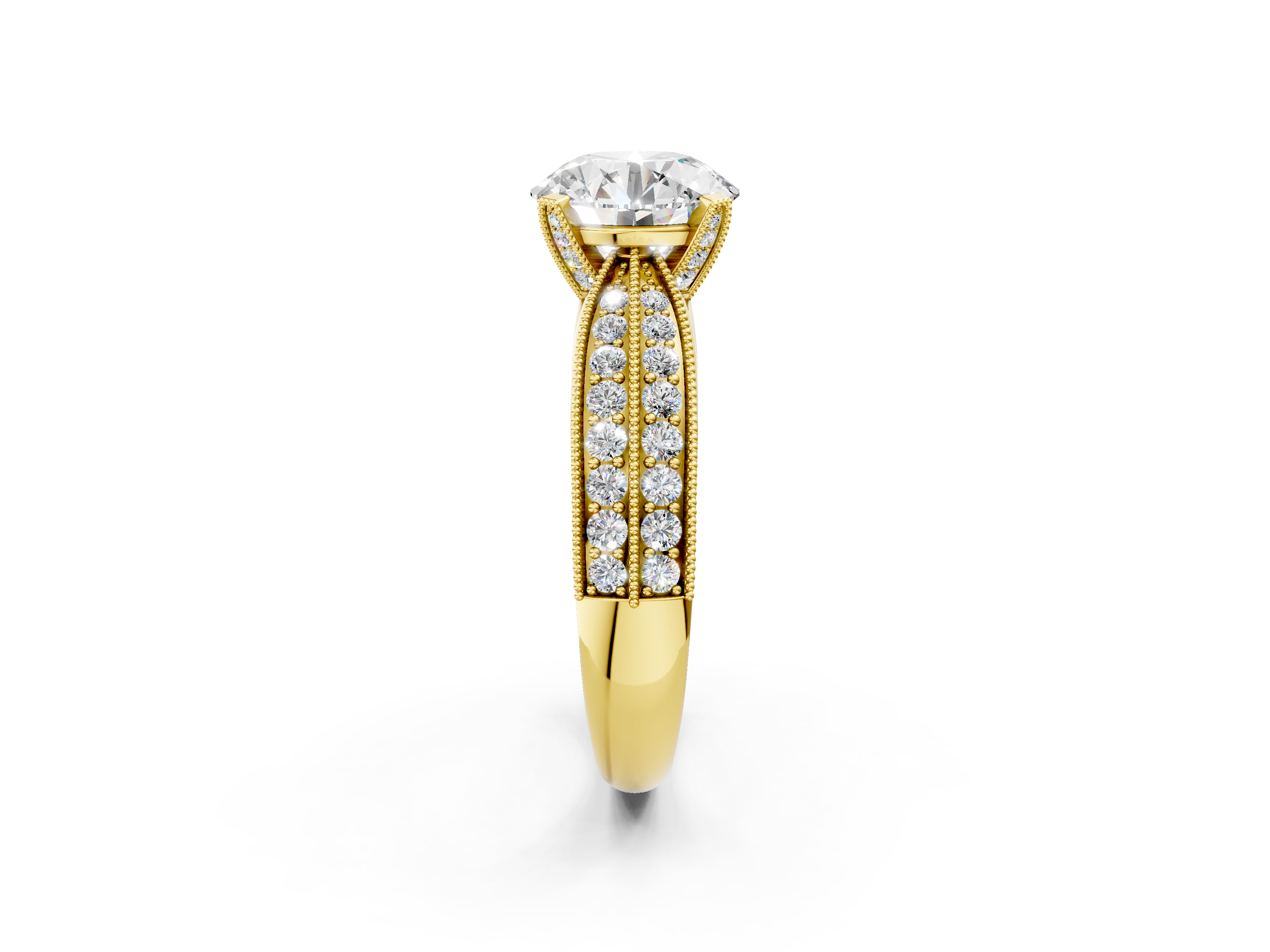 Yellow gold Round Cut Moissanite   Solitaire Diamond Ring with Milgrain Pavé Band and Four-Prong Setting_34