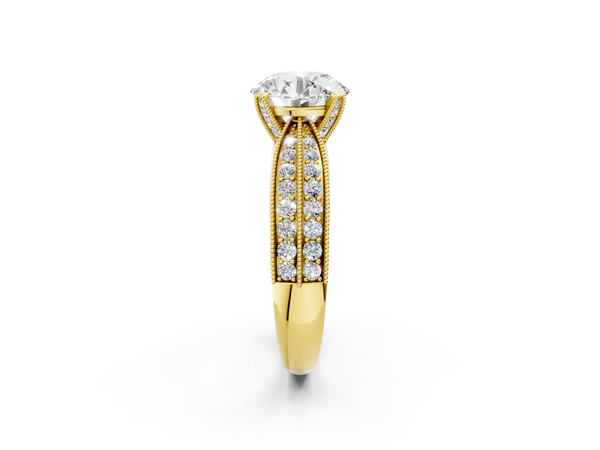 Yellow gold Round Cut Moissanite   Solitaire Diamond Ring with Milgrain Pavé Band and Four-Prong Setting