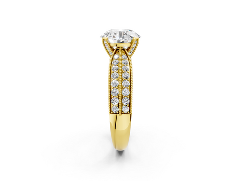 Yellow gold Round Cut Moissanite   Solitaire Diamond Ring with Milgrain Pavé Band and Four-Prong Setting_34