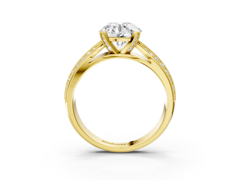 Yellow gold Round Cut Moissanite   Solitaire Diamond Ring with Milgrain Pavé Band and Four-Prong Setting_35