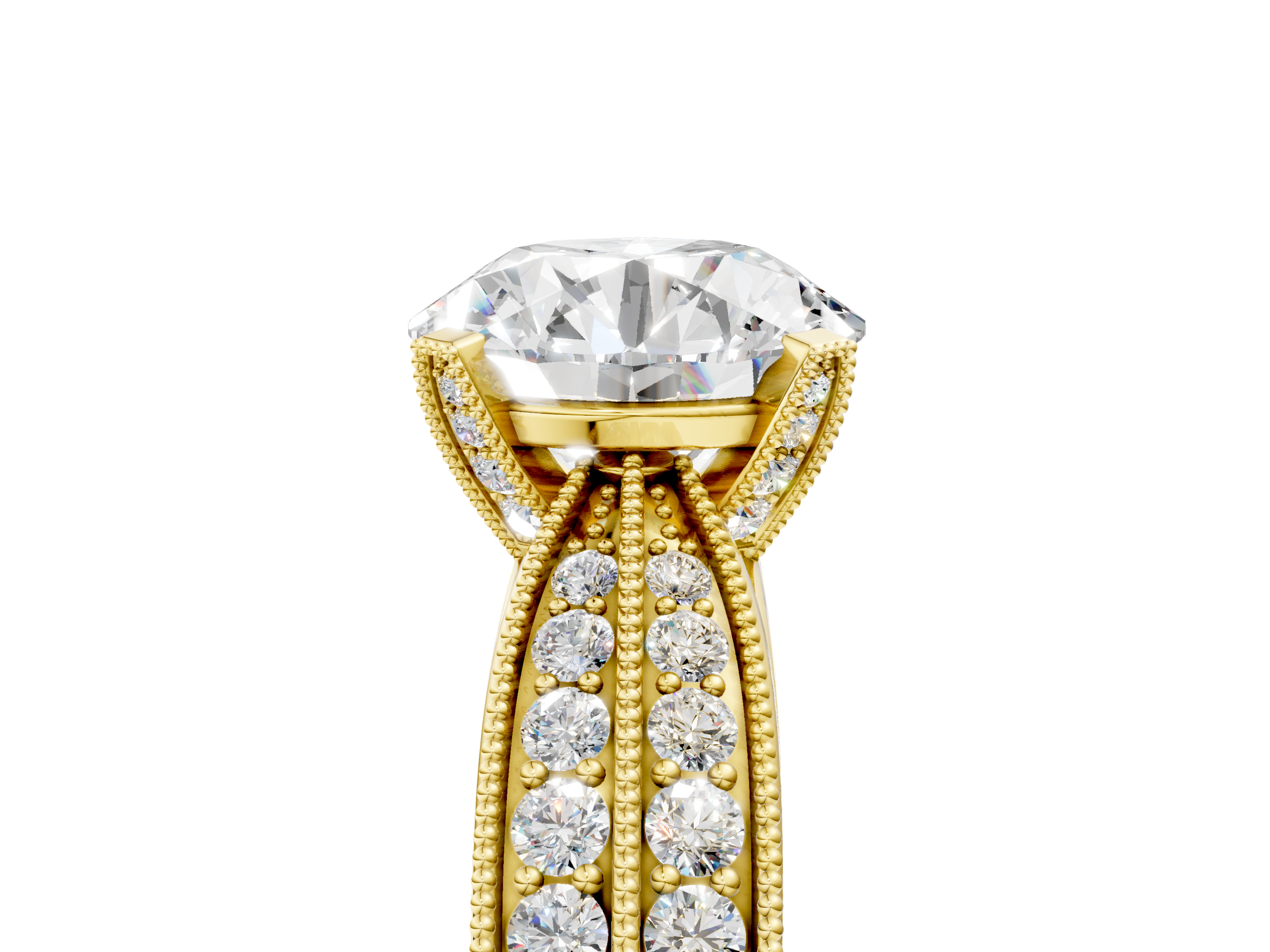 Yellow gold Round Cut Moissanite   Solitaire Diamond Ring with Milgrain Pavé Band and Four-Prong Setting_37