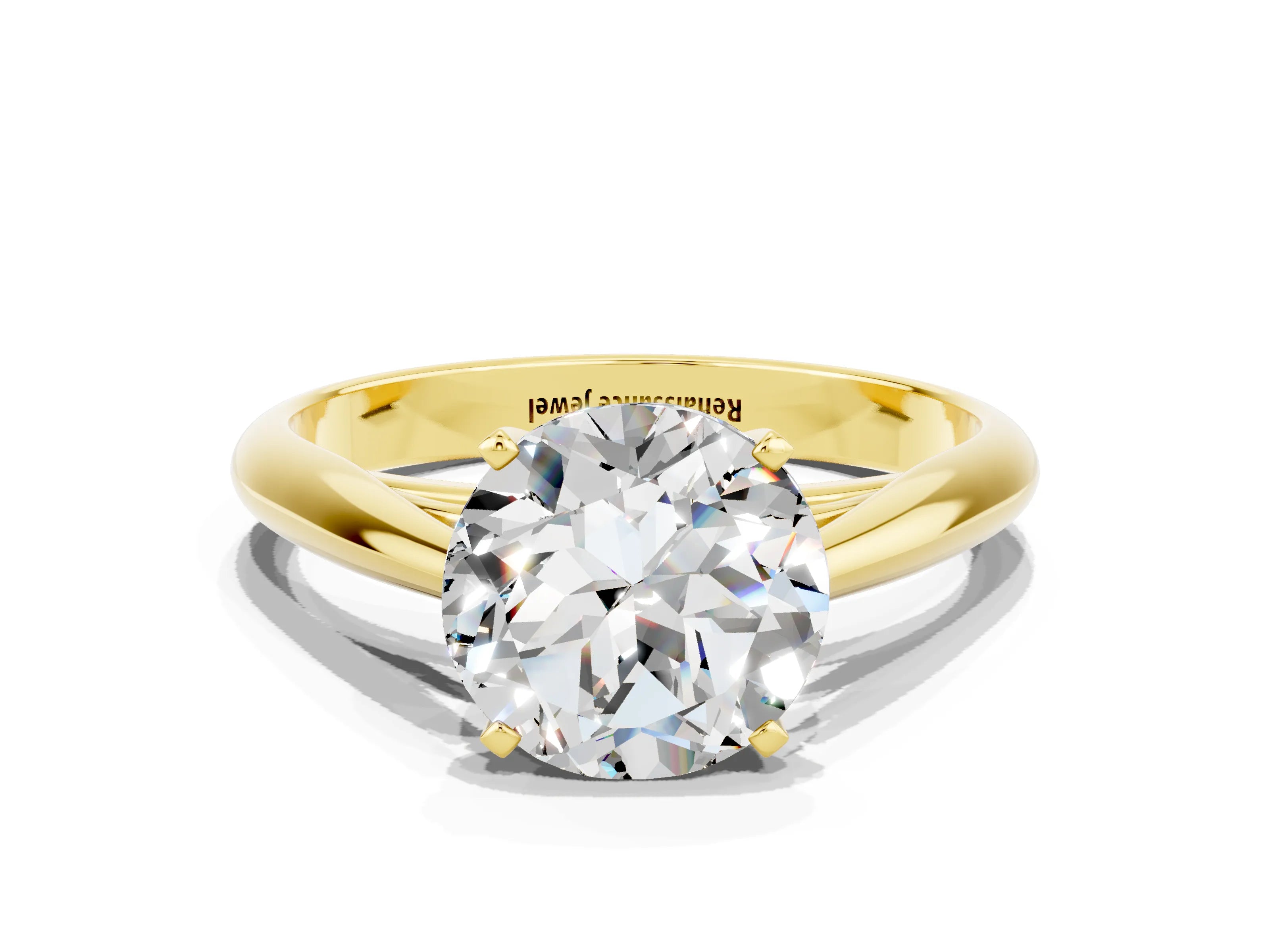 Yellow gold Round Cut Moissanite Solitaire Engagement Ring with Cathedral Setting and Four-Prong Mount_12