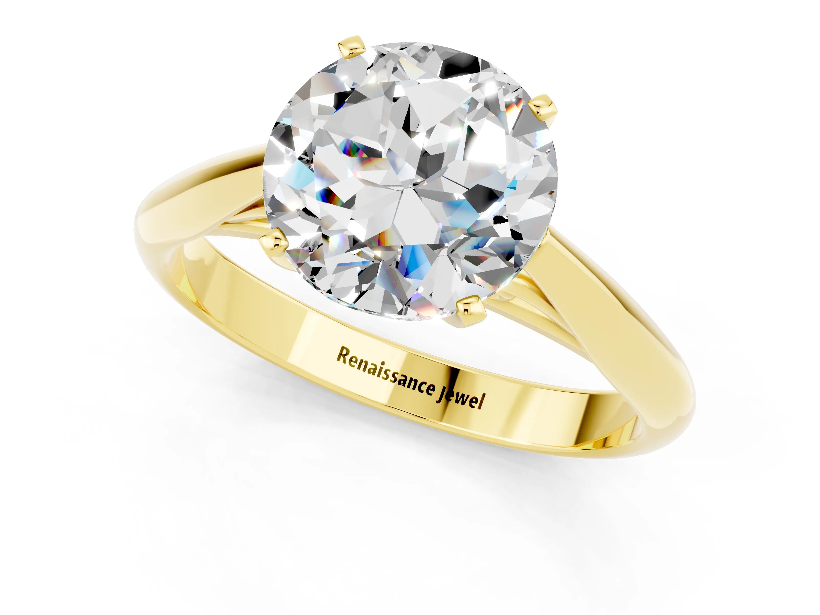 Yellow gold Round Cut Moissanite Solitaire Engagement Ring with Cathedral Setting and Four-Prong Mount_13