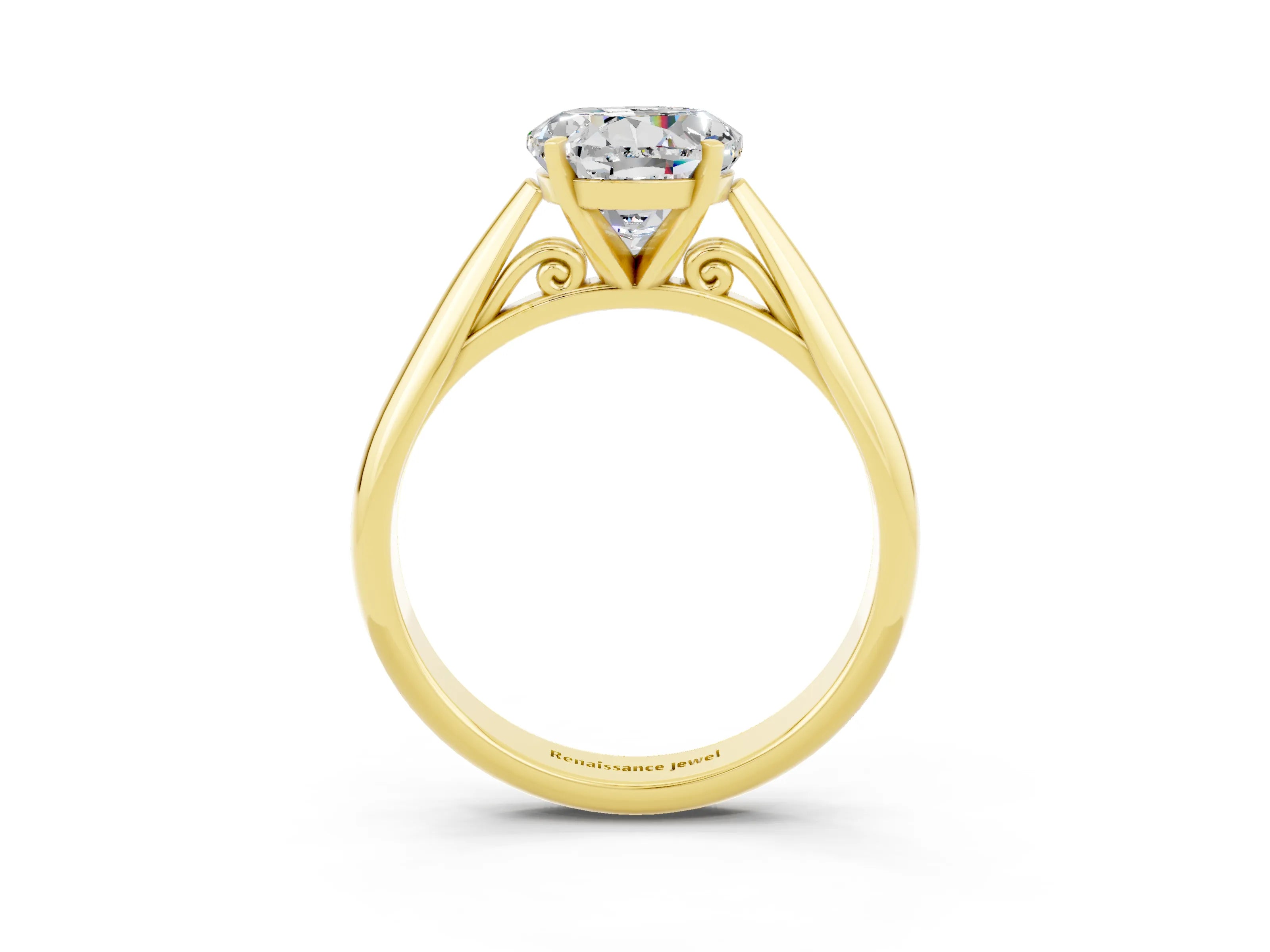 Yellow gold Round Cut Moissanite Solitaire Engagement Ring with Cathedral Setting and Four-Prong Mount_15