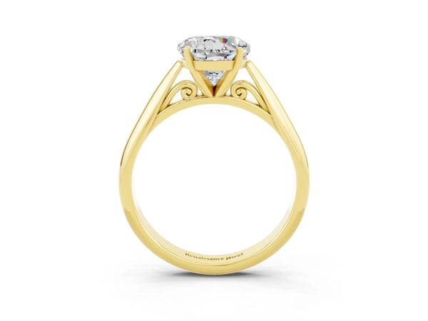 Yellow gold Round Cut Moissanite Solitaire Engagement Ring with Cathedral Setting and Four-Prong Mount