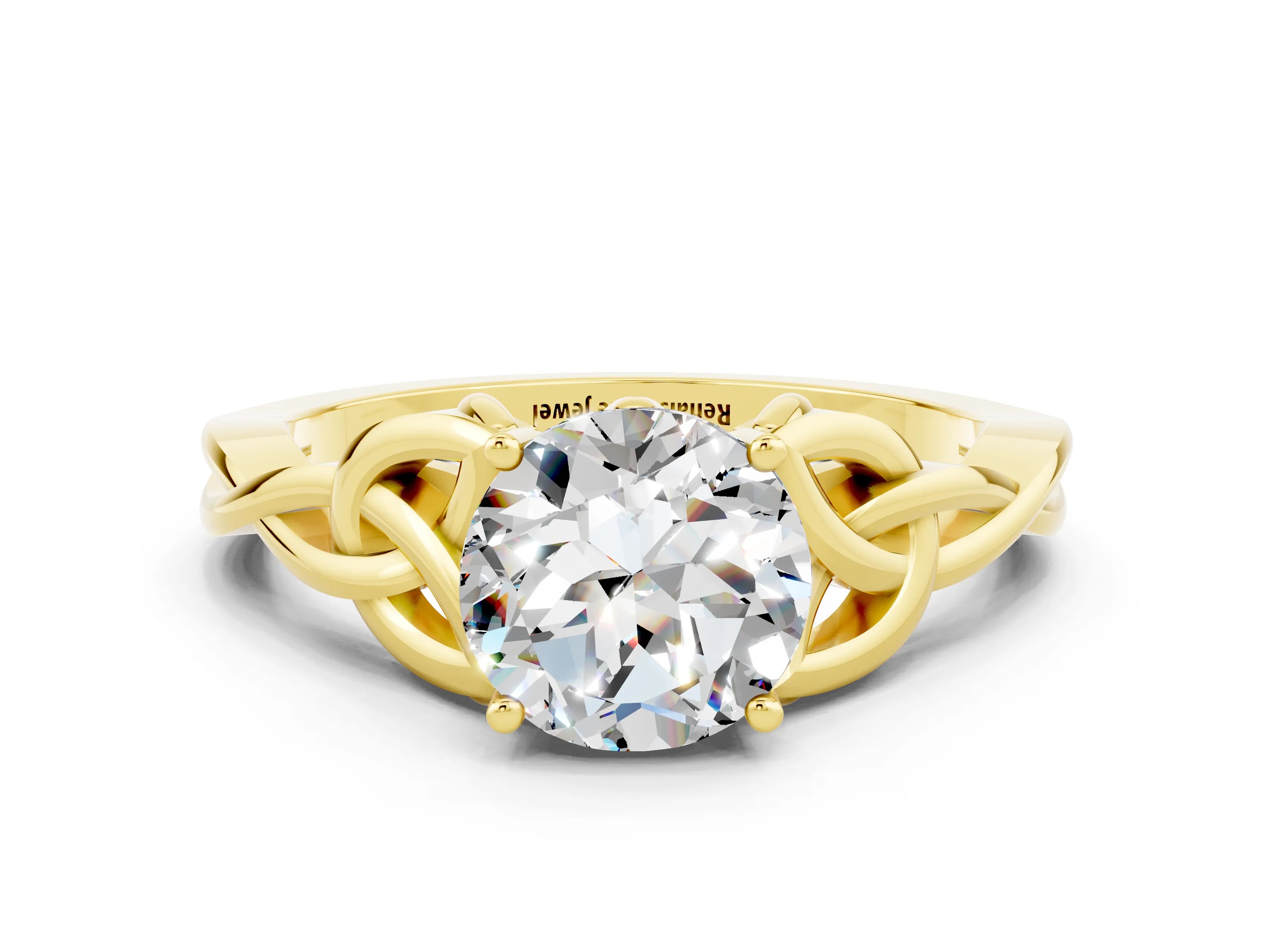 Yellow gold Round Cut Moissanite Solitaire Engagement Ring with Celtic Knot Band and Four-Prong Setting