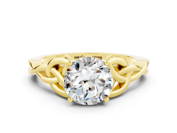 Yellow gold Round Cut Moissanite Solitaire Engagement Ring with Celtic Knot Band and Four-Prong Setting