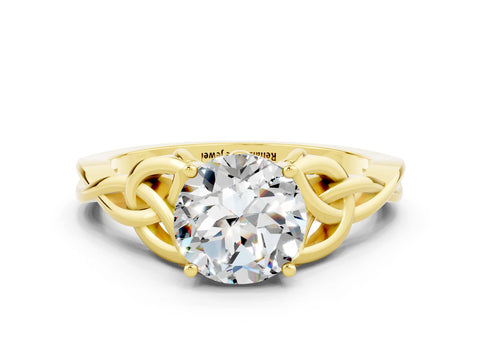 Yellow gold Round Cut Moissanite Solitaire Engagement Ring with Celtic Knot Band and Four-Prong Setting