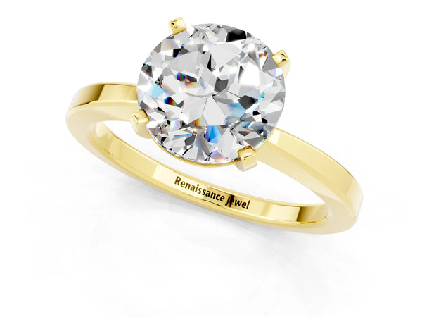 Yellow gold Round Cut Moissanite Solitaire Engagement Ring with Classic Band and Four-Prong Setting