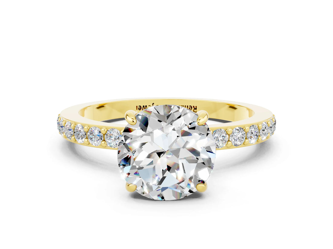 Yellow gold Round Cut Moissanite Solitaire Engagement Ring with Pavé Band and Four-Prong Setting