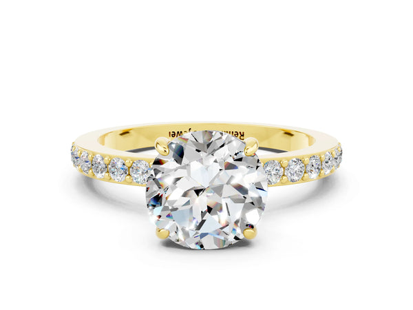 Yellow gold Round Cut Moissanite Solitaire Engagement Ring with Pavé Band and Four-Prong Setting