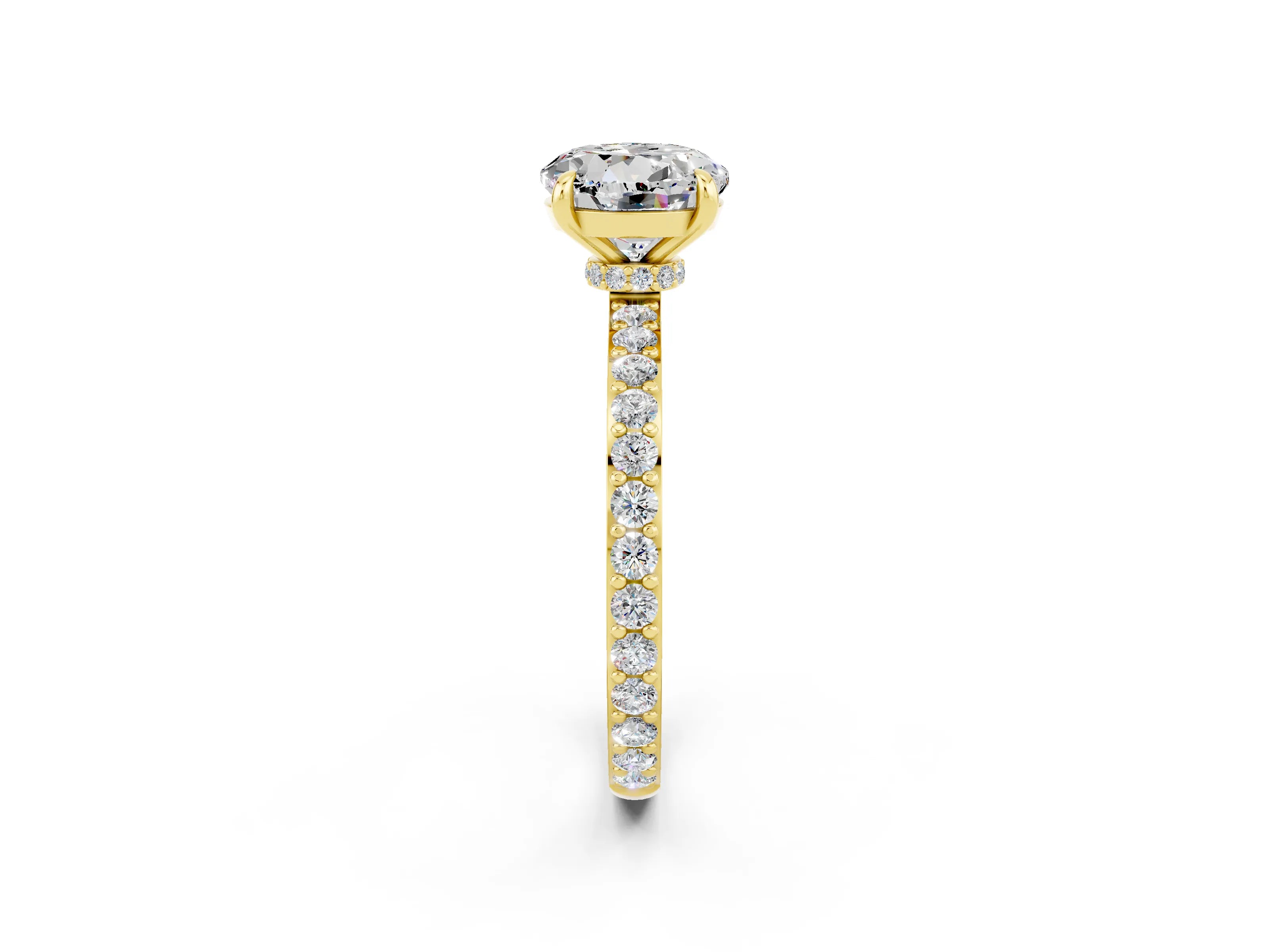 Yellow gold Round Cut Moissanite Solitaire Engagement Ring with Pavé Band and Four-Prong Setting_2