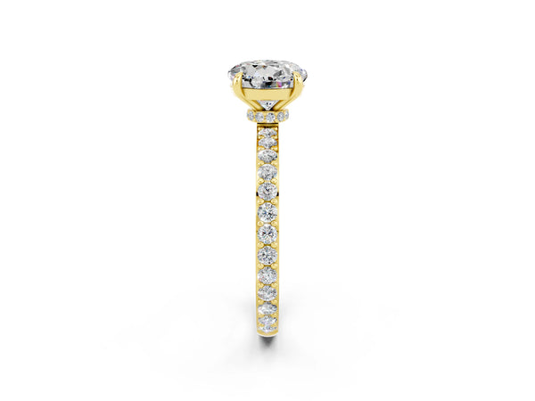 Yellow gold Round Cut Moissanite Solitaire Engagement Ring with Pavé Band and Four-Prong Setting